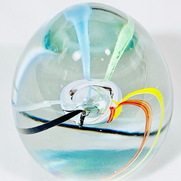 Egg Swirling Streamers Bubble Art Glass Hand Blown Paperweight Oval Hand Made - Picture 2 of 8